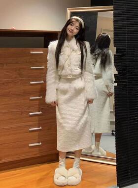 小香风套装裙秋冬女名媛温柔风短款加厚皮草毛毛外套两件套