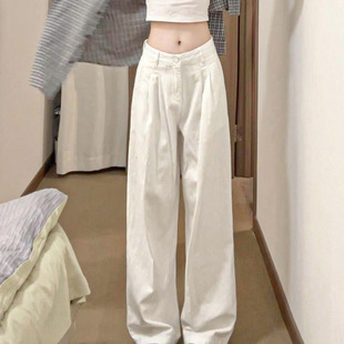 白色韩式街头风棉麻阔腿西装裤女夏季新款高腰修身悠闲气质直筒裤