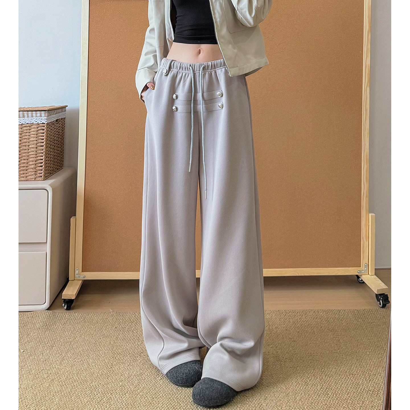 灰杏色高级感双排扣阔腿裤女秋季新款百搭松驰垂感休闲长裤直筒裤