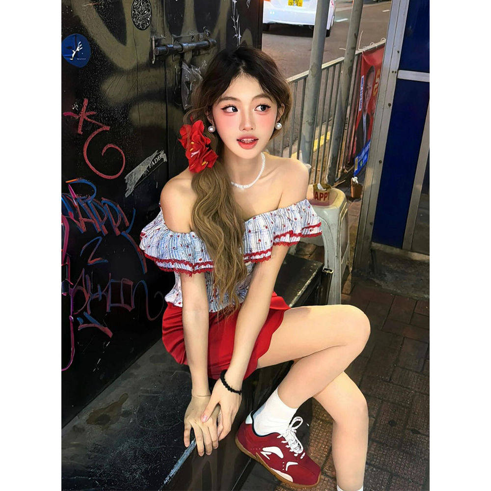 芭比cursh少女感风琴褶一字肩上衣+红色高腰半身裙甜妹套装
