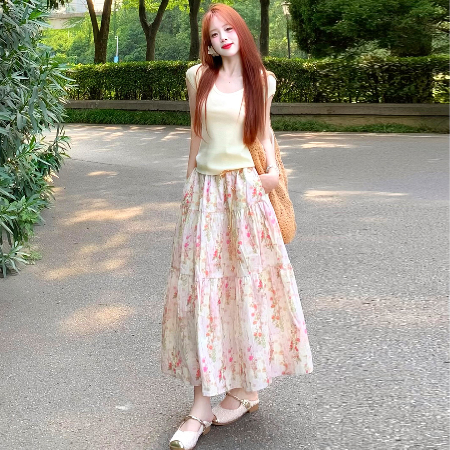 粉白法式复古碎花半身裙女