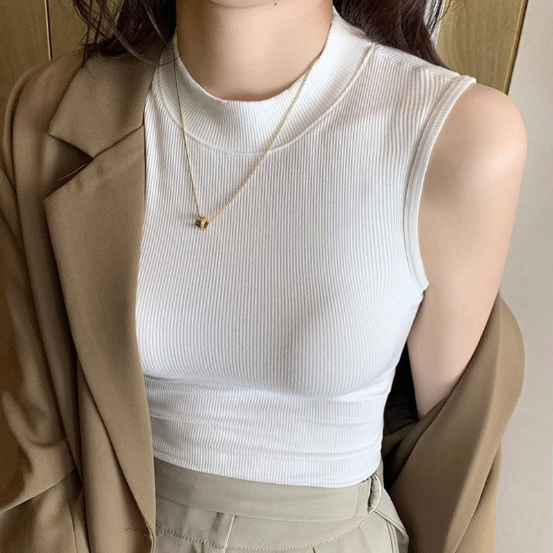 白色螺纹半高领吊带背心女内搭春夏新款露脐修身百搭外穿无袖上衣