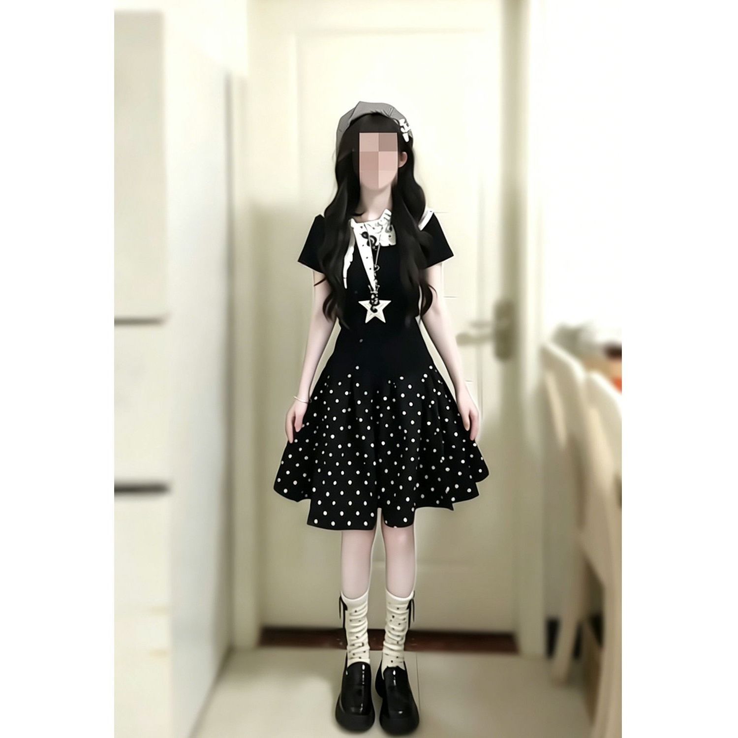 晴日花漾 韩系学院风黑色短袖上衣+波点显瘦半身裙子两件套装女夏