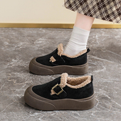 老北京布鞋 软底豆豆鞋 女冬天加绒保暖一脚蹬黑色棉鞋 女士防滑34码