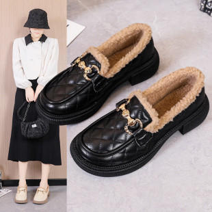 女款 通勤百搭一脚蹬单鞋 2025新款 配裙子二棉小皮鞋 冬季 加绒乐福鞋