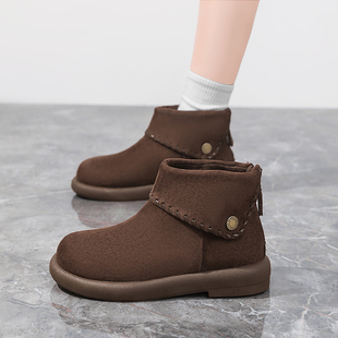 后拉链棕色雪地短靴子 加绒保暖软底复古棉鞋 高帮勃肯鞋 女2025冬季