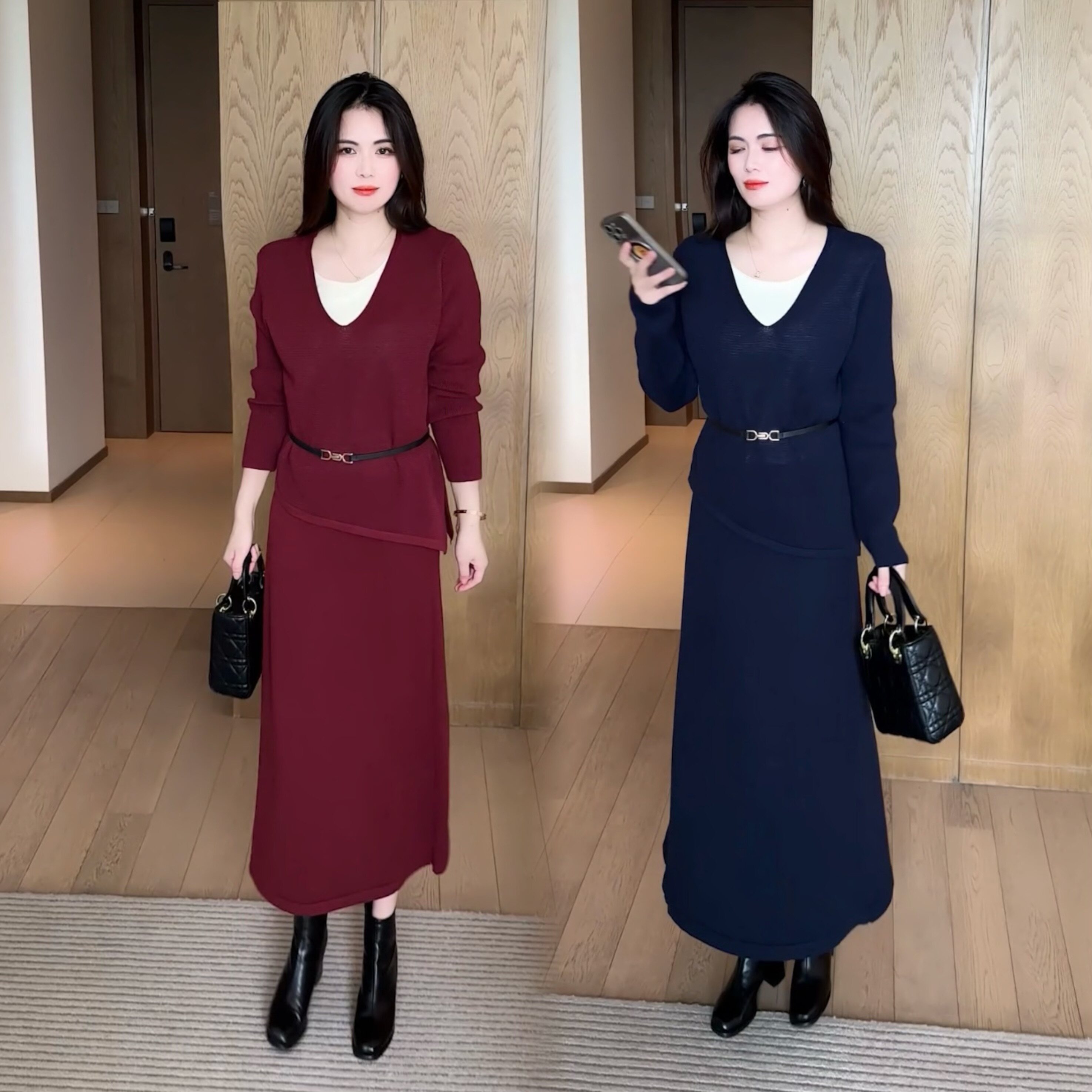 秋季V领针织收腰显瘦两件套女