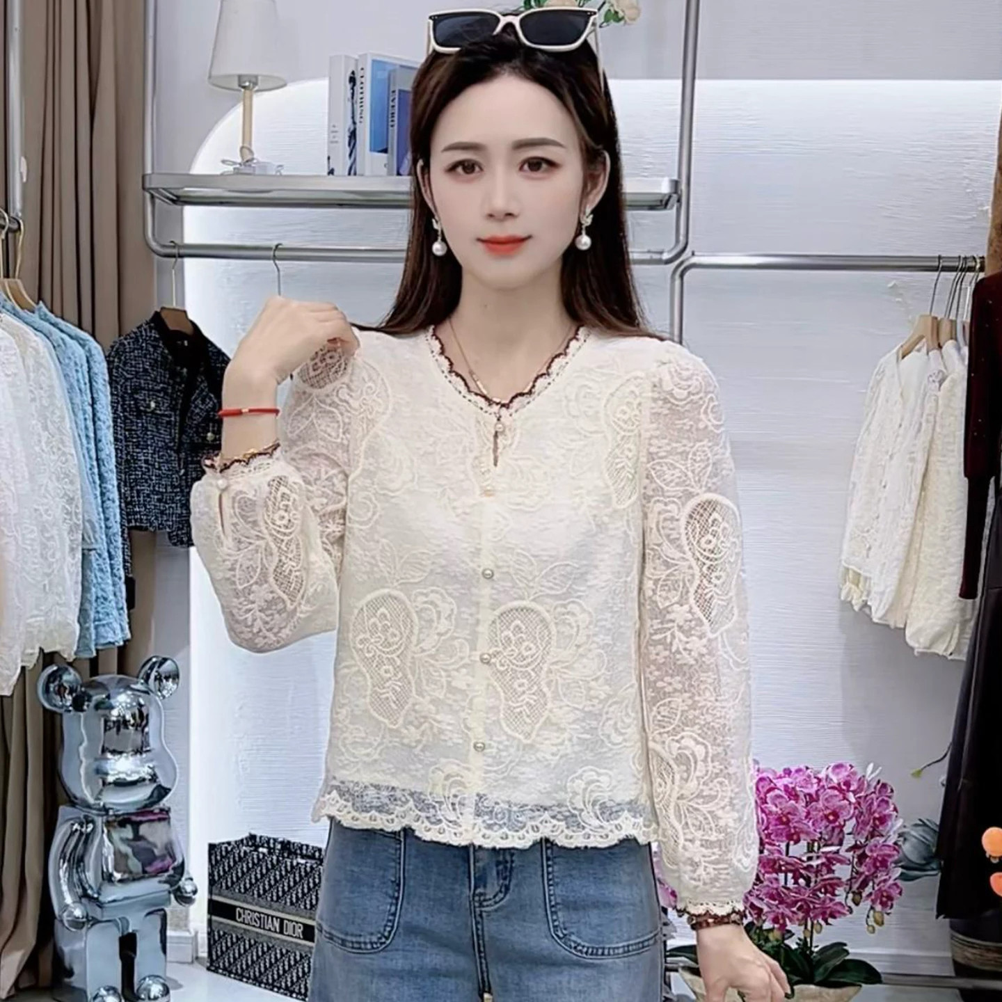 秋季新款蕾丝花边领宽松衬衫女