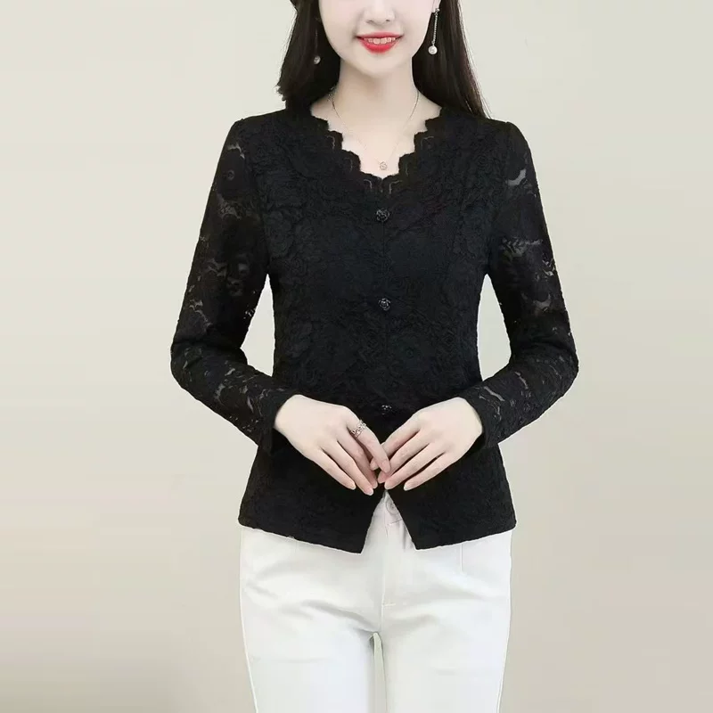 秋季蕾丝V领显瘦长袖女衬衫