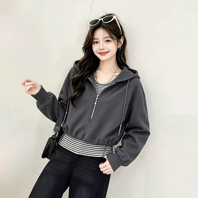 假两件连帽卫衣女春秋减龄收腰