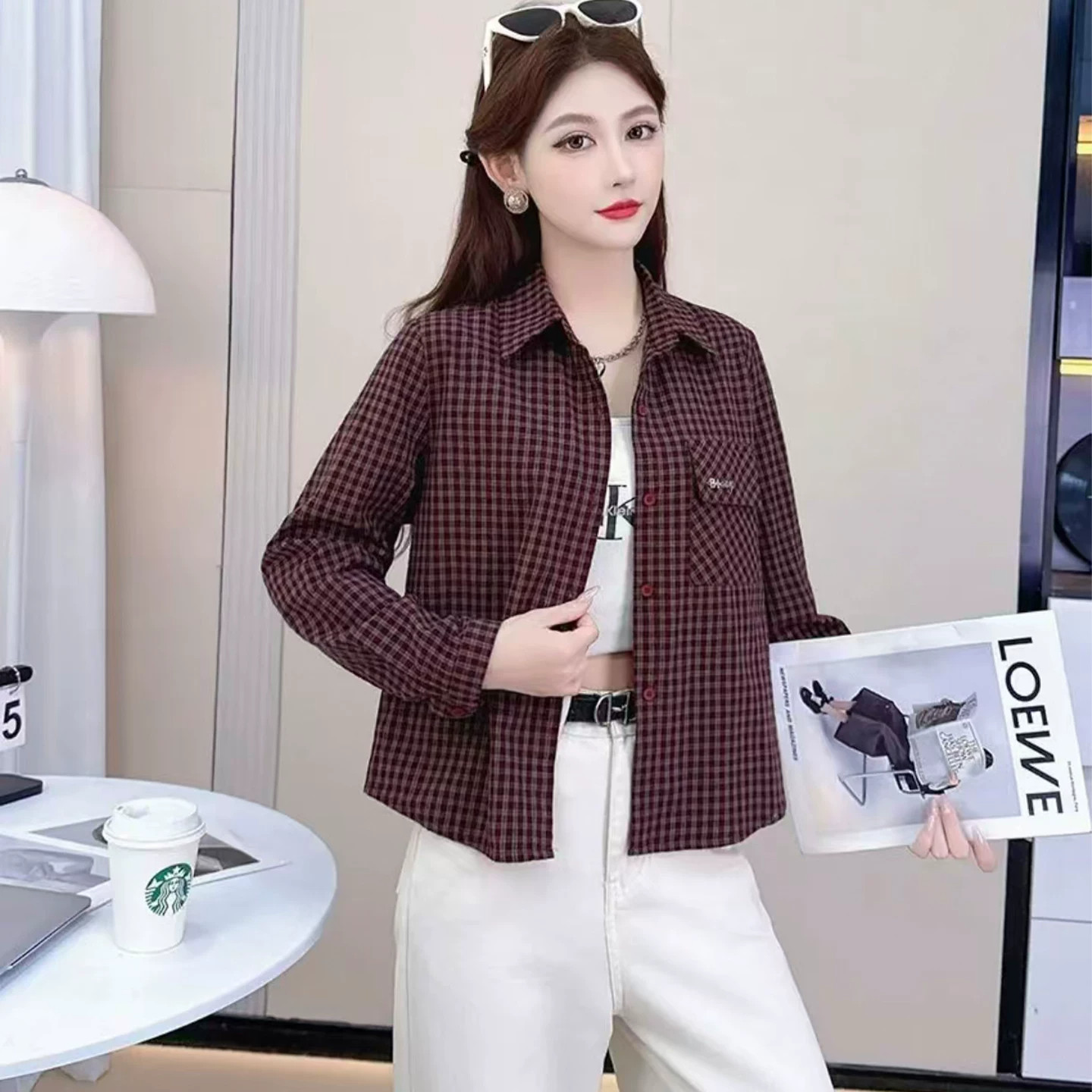韩版复古格子衬衫女秋新款显瘦