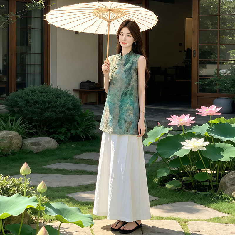 新中式扎染立领无袖显瘦女套装