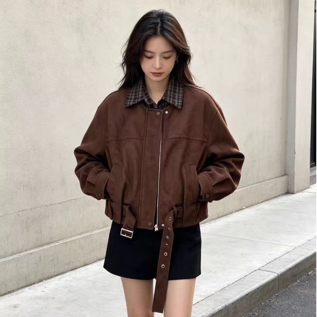 复古翻领麂皮格纹腰带短外套女