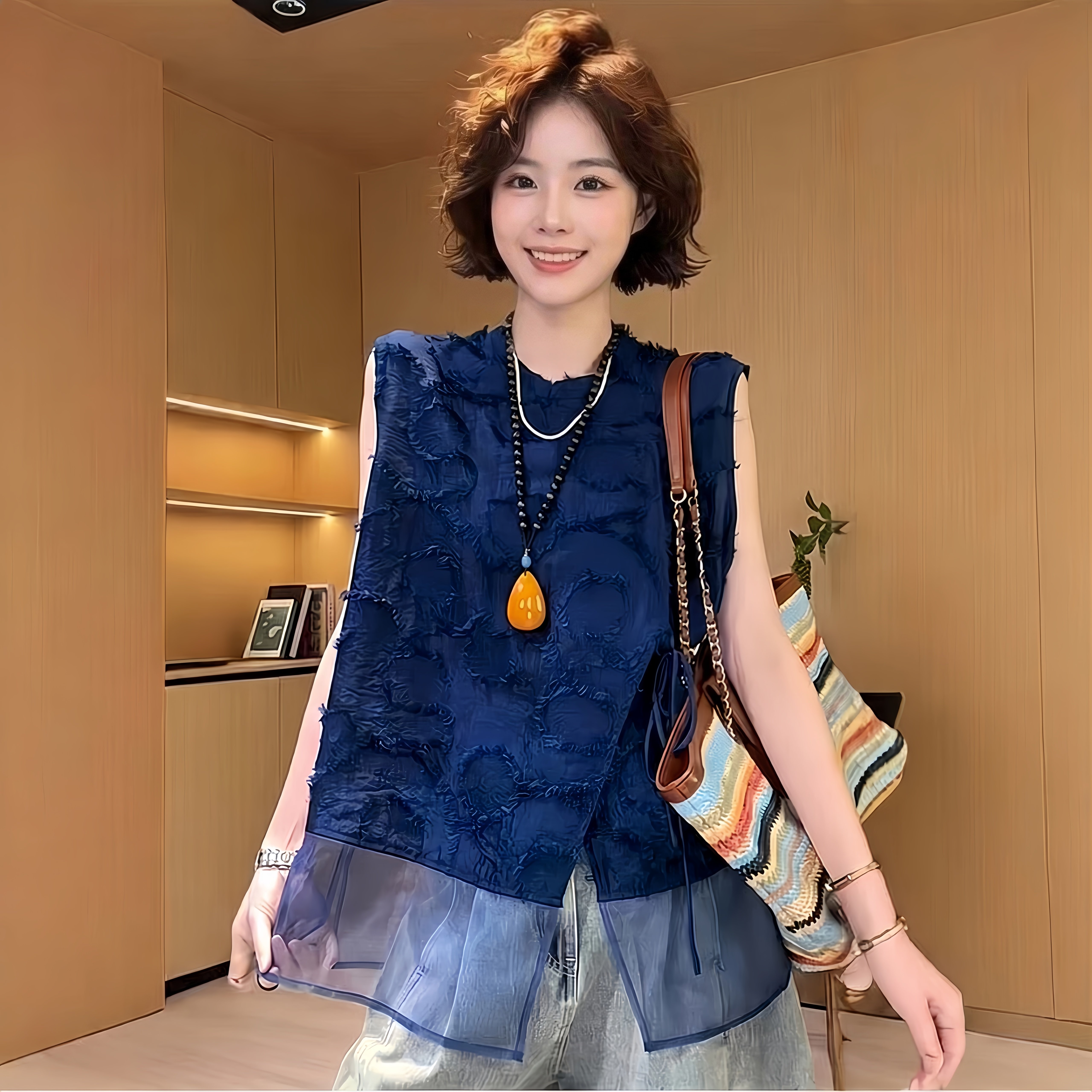 新中式无袖宽松衬衫女夏季蓝色