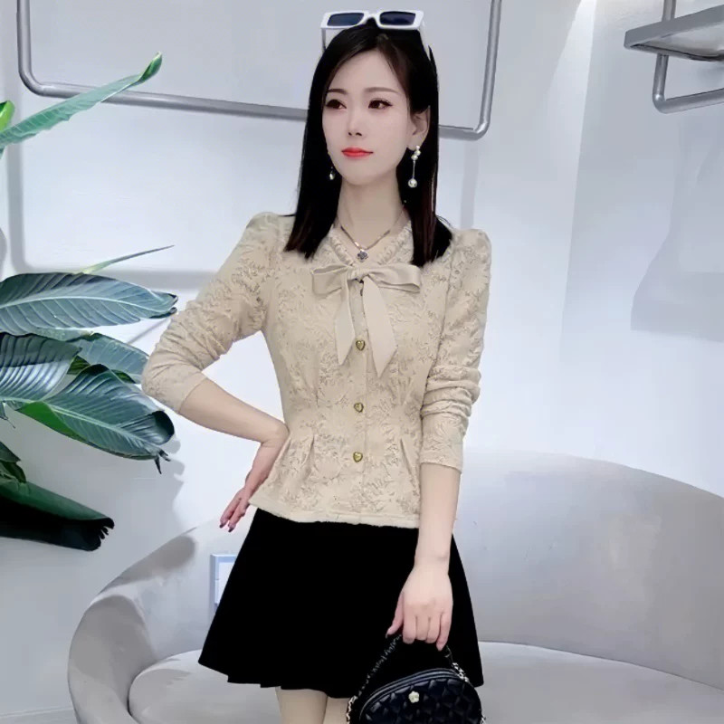 法式蝴蝶结蕾丝打底衫女秋冬