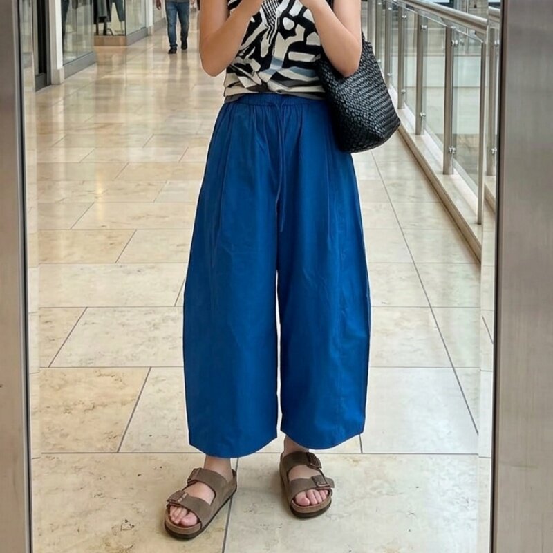 高腰松紧阔腿显瘦女九分裤蓝色