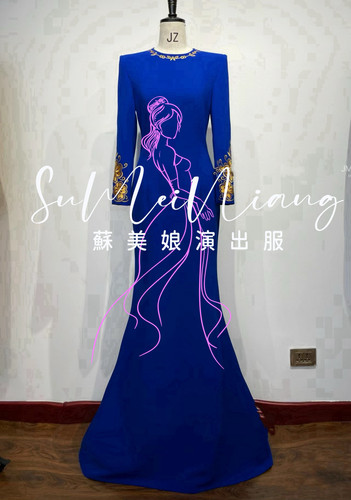 苏美娘演出服新款蓝色鱼尾礼服主持礼服奏音乐表演独唱艺考年会