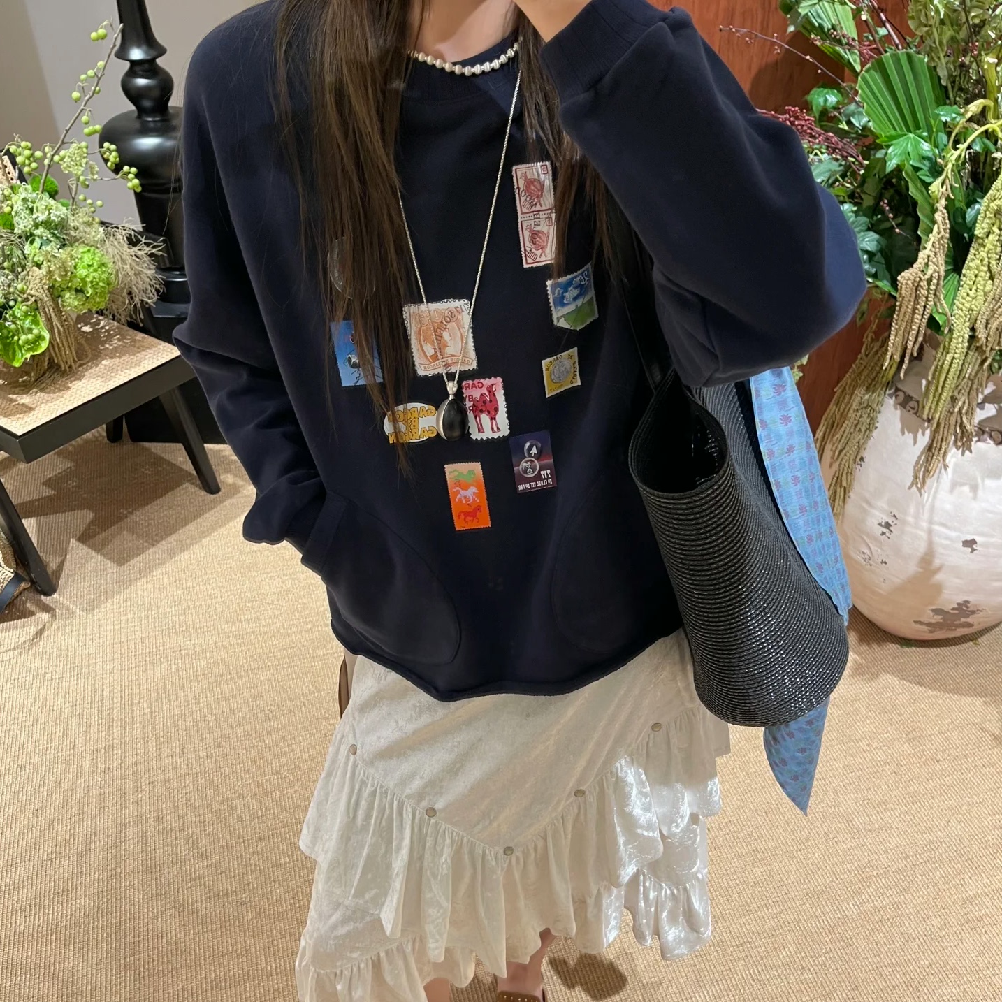 现货GARCON25秋冬新款邮票印章印花套头卫衣宽松百搭休闲运动上衣