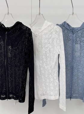 pushbutt25早春新品设计感蕾丝衫拉链外套修身镂空长袖打底衫上衣
