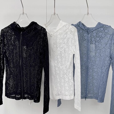 pushbutton蕾丝衫拉链镂空打底衫