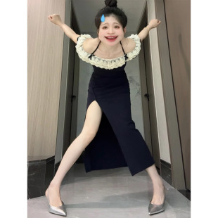 连衣裙女夏日绝美一字肩挂脖掐腰开叉包臀小个子长 蓝色小飞袖
