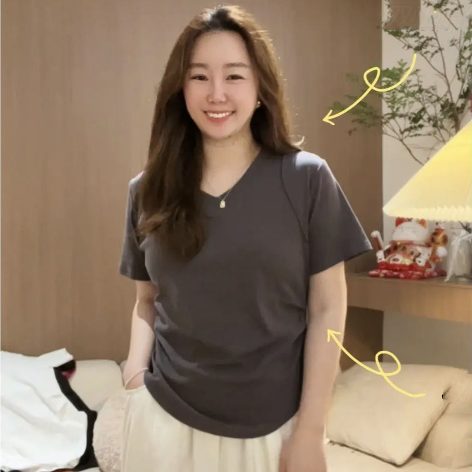 大码女装2025夏季新款显瘦收腰V领正肩纯棉短袖T恤女遮肚子上衣