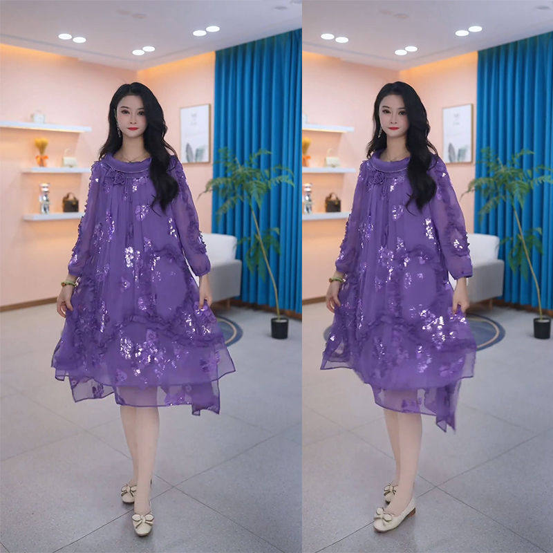 紫色连衣裙女2025春季新款洋气质贵夫人名媛藏肉显瘦减龄a字裙子