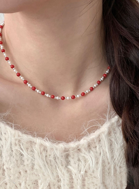 925纯银珊瑚项链女红色珠子串珠小众高级感锁骨链夏季百搭颈链
