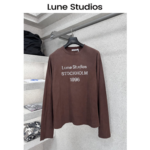 LuneStudios AC棕色做旧！1996印花85%棉15%亚麻男女情侣长袖T恤