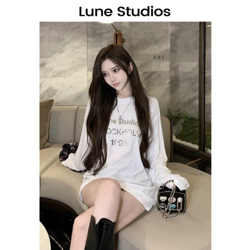 LuneStudios AC白色亮片1996印花85%棉15%亚麻男女情侣长袖T恤