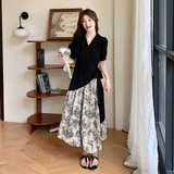 新中式不规则小众碎花拼接黑色连衣裙女夏季303-Q6836-P115-K168，女装连衣裙，宁宁家