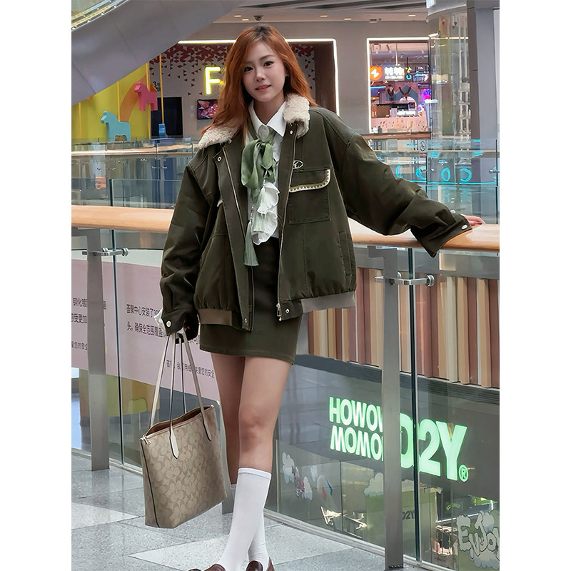 美式复古军绿色皮衣毛呢外套女冬