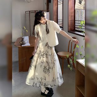 竹枝词碎花竹子百搭半身裙气质复古衬衣新款夏季新中式套装