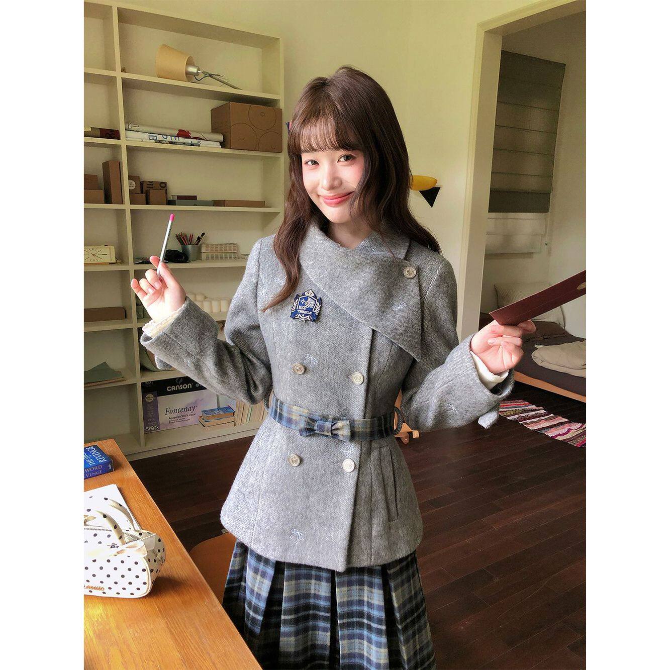 黯蓝织冬新款小众毛呢外套裙子两件套学院风甜美呢子大衣女
