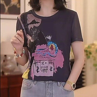 夏季新款灰色卡通印花T恤女士休闲短袖宽松显瘦减龄妈妈款上衣