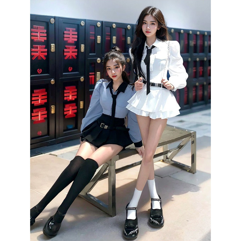【美式女高】春季学院辣妹拼接撞色设计感衬衫+半裙两件套装