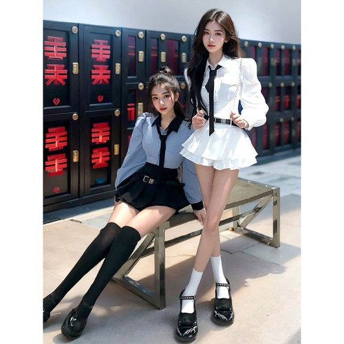 【美式女高】春季学院辣妹拼接撞色设计感衬衫+半裙两件套装