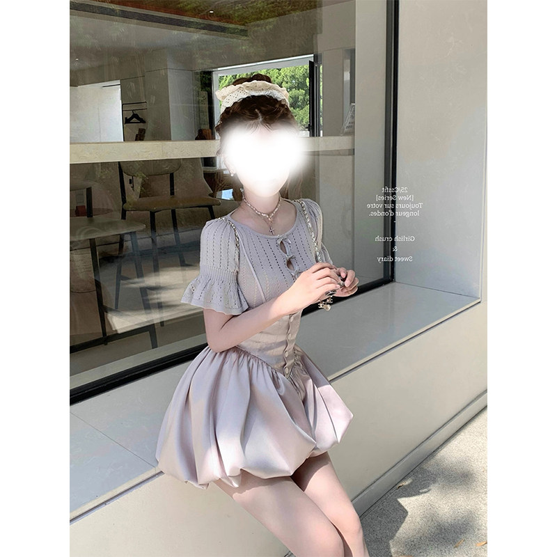 蝴蝶结上衣绸缎灯笼背带裤两件套