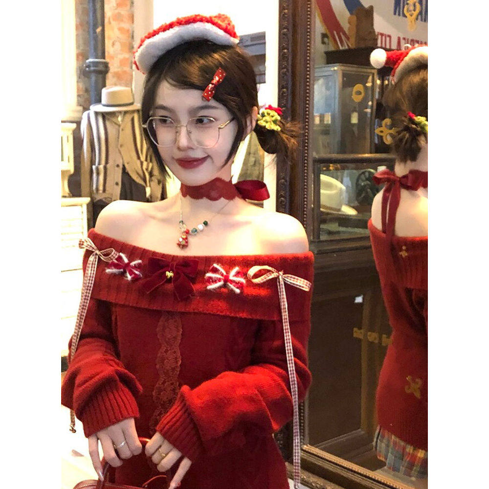 "奈奈心绪"圣诞新年蝴蝶结一字肩纯欲毛衣彩格子百褶裙甜美套装裙