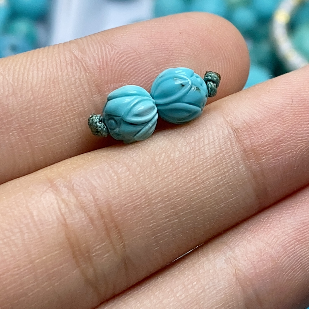 绿松石雕刻莲花珠一对卡7DIY配件