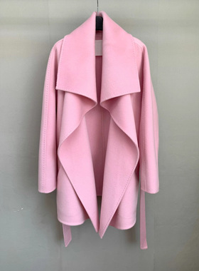 现货高品质M家Rienza大翻领系带秋冬女中长款粉色双面羊毛呢大衣