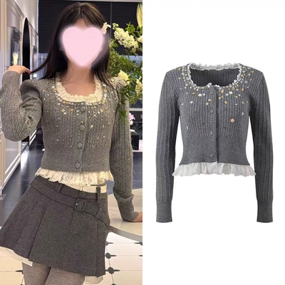 现货25秋冬新款假两件蕾丝拼接灰色钉珠亮片装饰短款针织毛衣开衫