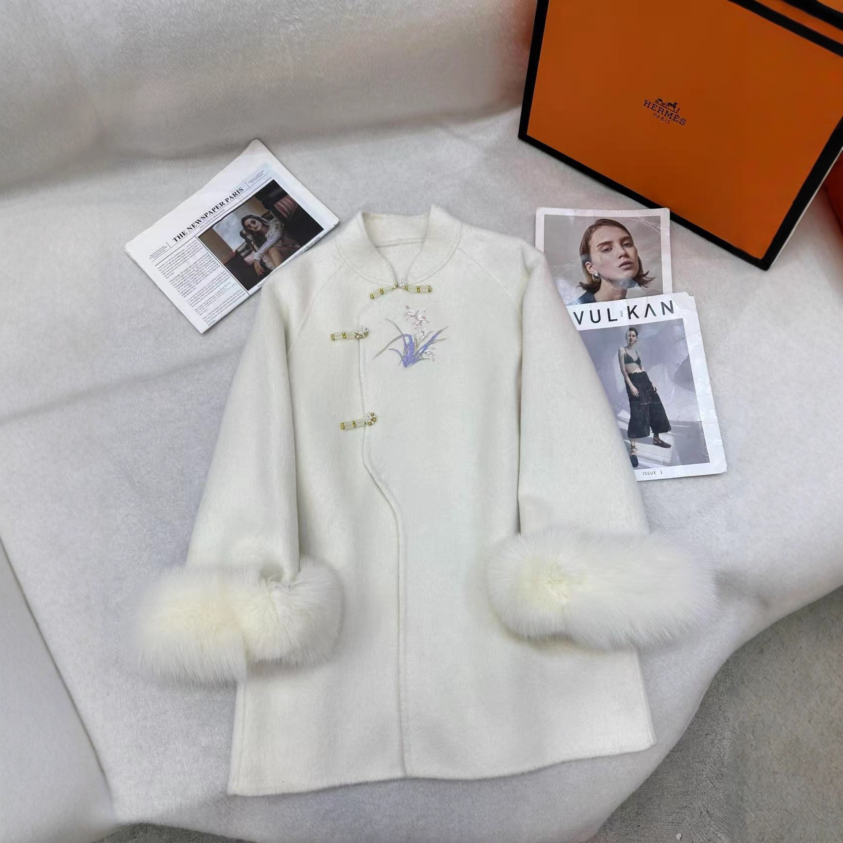 原创新中式国风刺绣斜门襟双面狐狸袖毛羊毛毛呢大衣优~不退可换