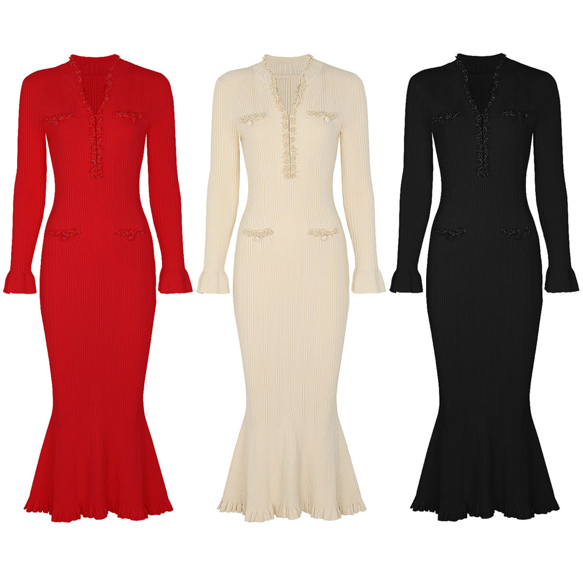 现货高品质秋冬新款时尚针织V领修身显瘦手工串珠长袖鱼尾连衣裙,女装/女士精品,毛针织衫,淘宝优惠券,粉丝福利购,淘宝优惠卷