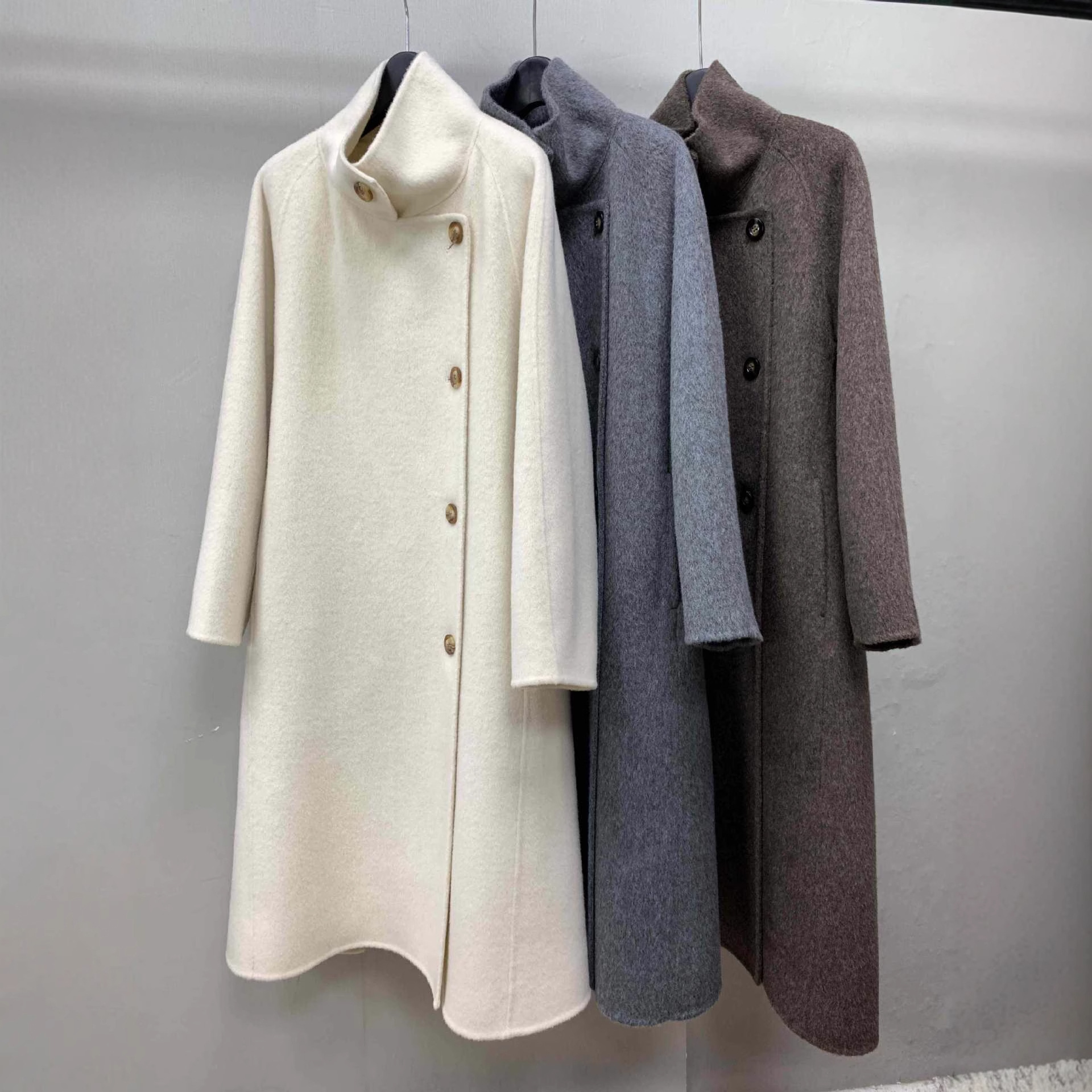 现货慵懒风两穿立领单排扣简约长款系带双面羊毛呢大衣女秋冬外套