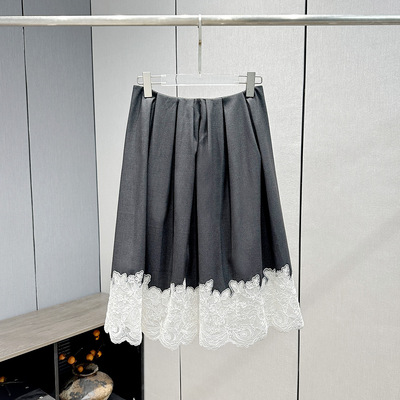 现货深圳南油秋冬优雅XRC6Q03A高腰显瘦A字中长款拼接蕾丝半身裙