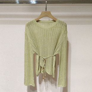 罩衫 套头针织衫 圆领镂空系腰带喇叭长袖 现货深圳南油2026春新女装