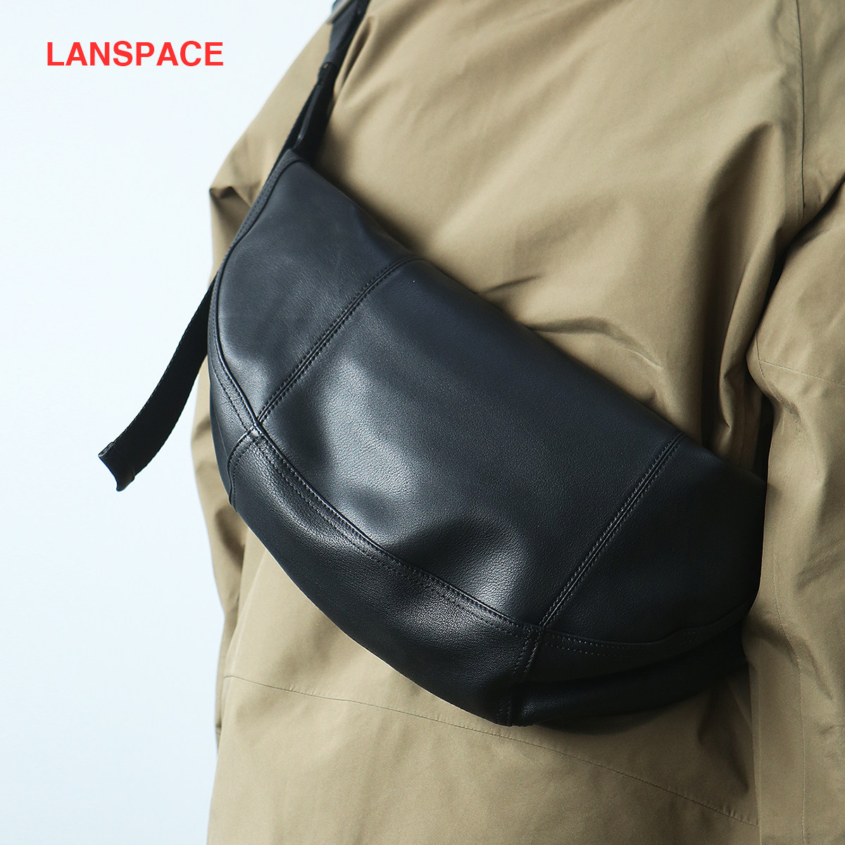 LANSPAC三间蓝男士真皮饺子包大容量斜挎包牛皮可颂包超大牛角包