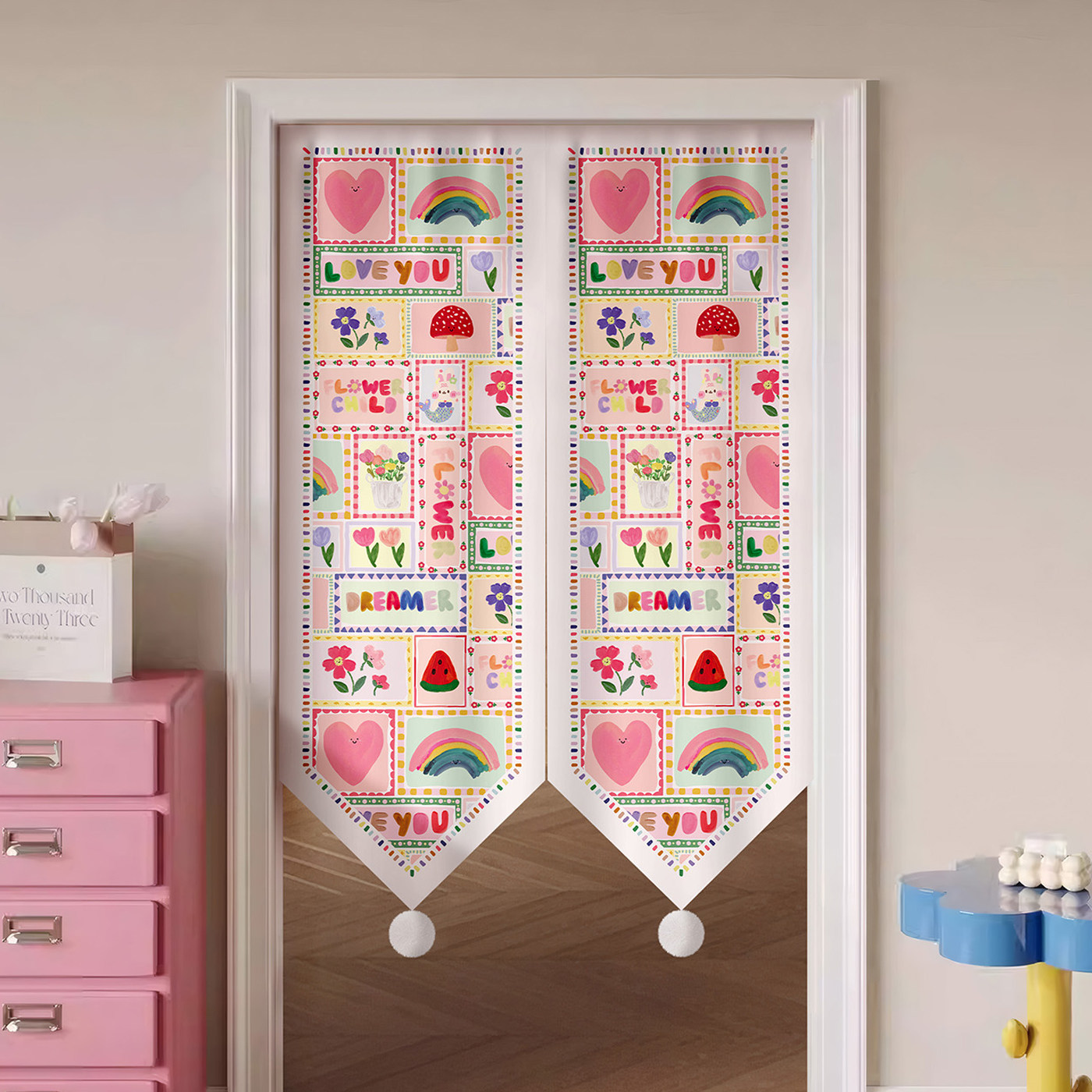 彩绘拼图异形绒布门帘家用防尘半帘卧室遮丑布隔断帘子免打孔窗帘