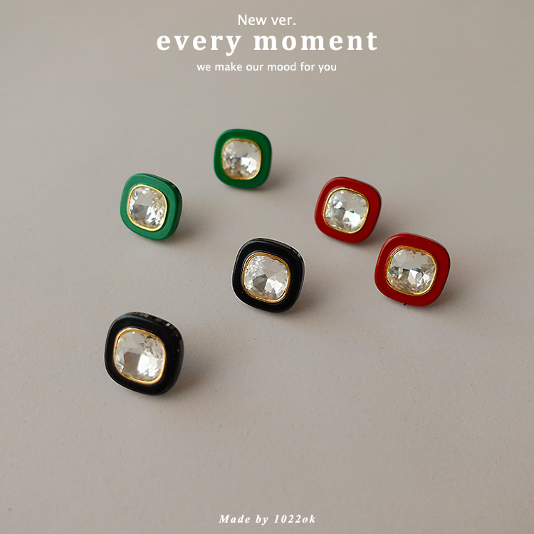 韩国轻奢红色耳钉高级感复古耳环女方形气质水钻绿色简约银针耳饰